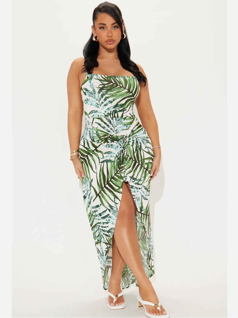 Haute Monde Green & White Palm-Print Strapless High-Low Dress